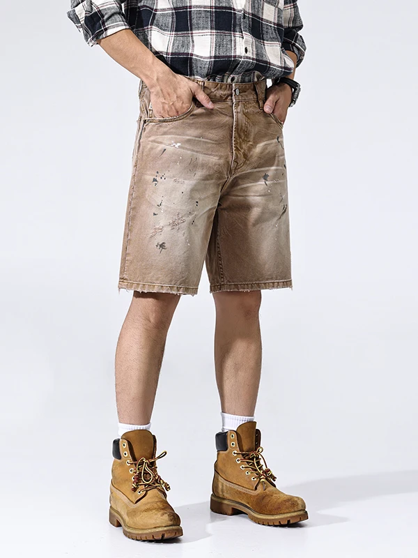 Retro American High Street Men's Jeans Casual Washed Elastic Cotton Denim Five-Point Design Trendy Mid-Waist Straight Leg