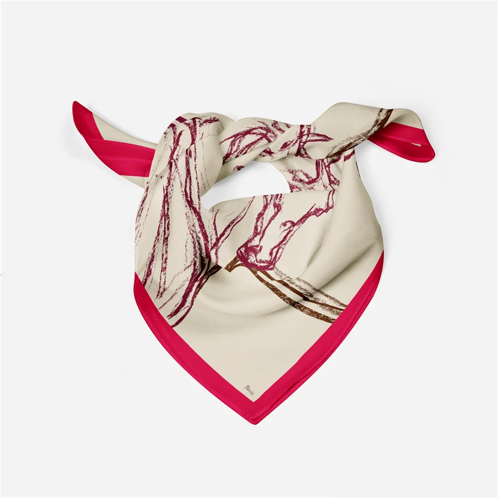 53cm Brand Sketch Horse Square Scarf Woman 2024 Design Silk Scarf Women Bandana Luxury Headband Hijab Neckerchief