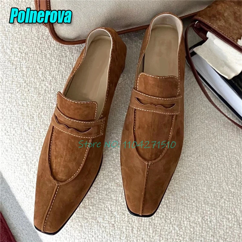 Brown Blue Suede Shallow Women's Loafers British Style Elegant Pointed Toe Thick Heel Pumps Fashion Versatile Party Casual Shoes