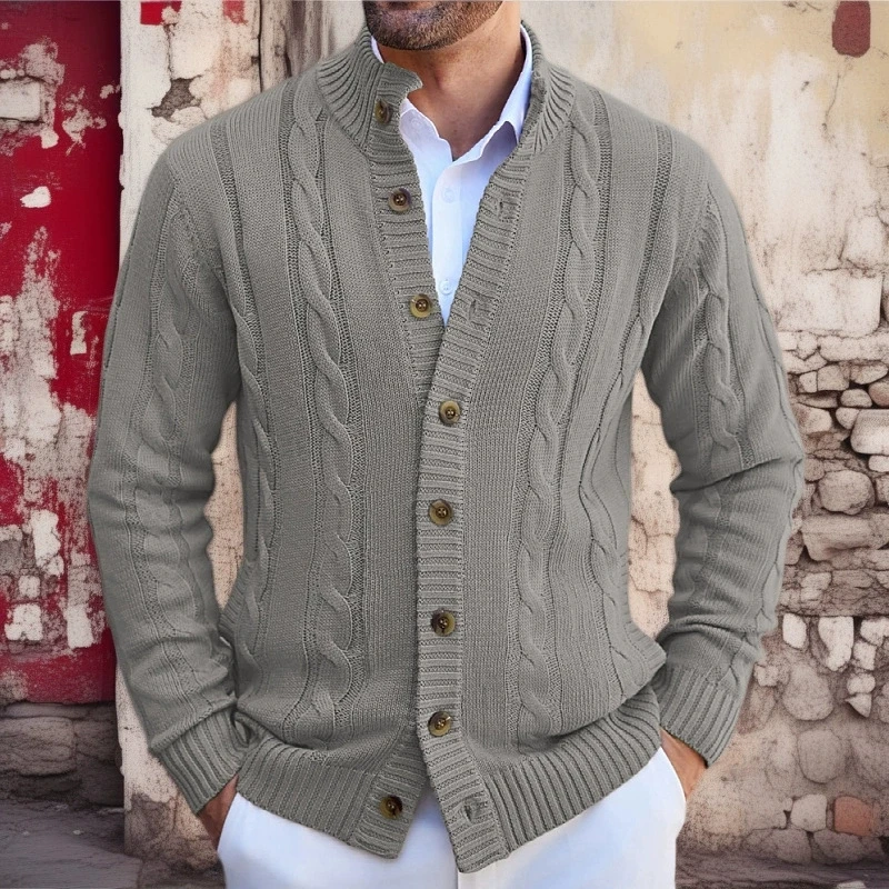 Primavera e outono masculino casual gola alta camisola de malha jaqueta cor sólida único breasted cardigan camisola topo