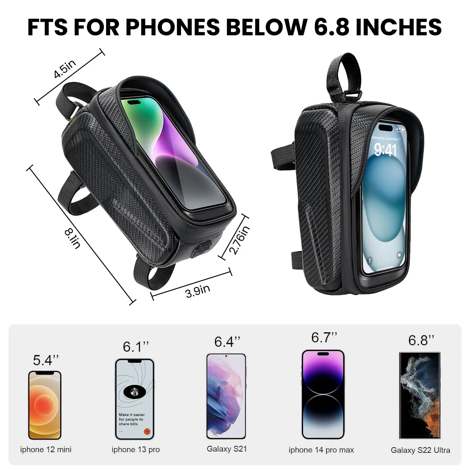 Waterproof Bike Bag Phone Front Frame Bag, EVA Bike Phone Holder Top Tube Bag Handlebar Bags, Compatible Phones Under 6.8''