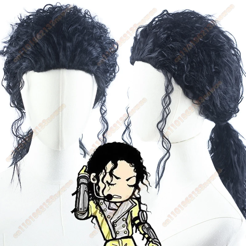 Michael Cosplay Black Wig MJ Adult Men Long Curly Hair Heat Resistant Synthetic Wig Masquerade Carnival Party Prop