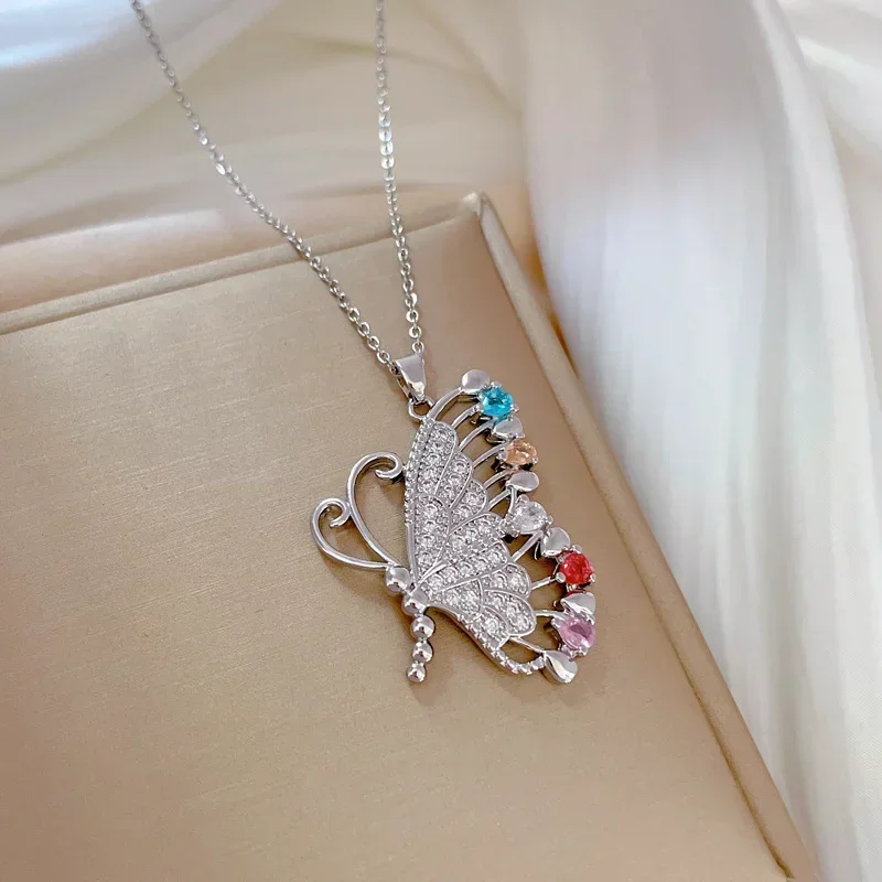 Stainless Steel Chain Boho Big Butterfly Necklace For Women Cz Colorfull Inlaid Crystal Pendants Female Clavicle Chains Choker