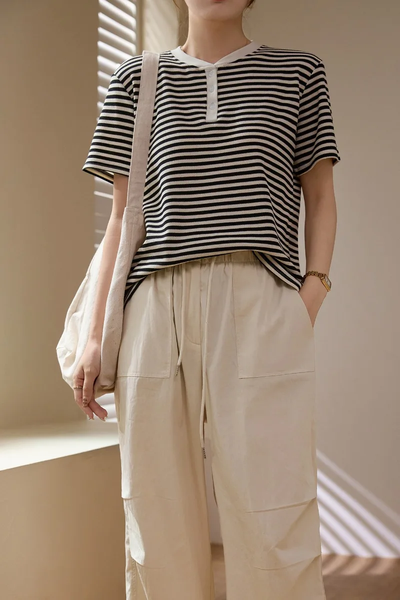 Gestreept T-shirt voor dames, zomer, losvallend katoenen overhemd met rechte knopen en korte mouwen