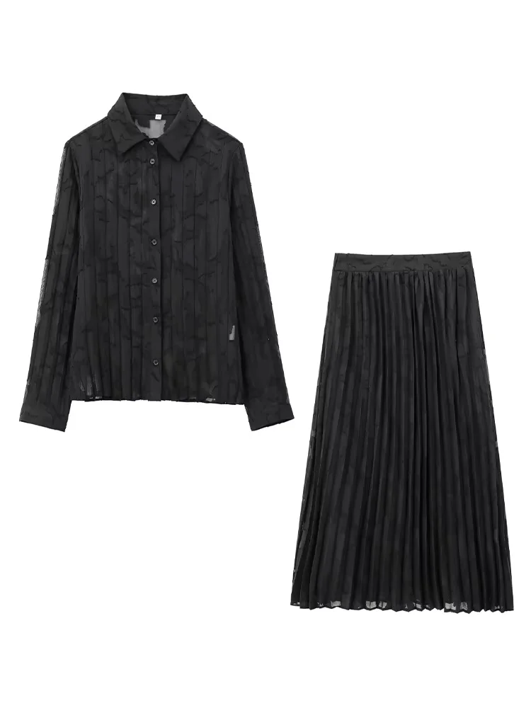 HH Women Solid Suits Lapel Single-breasted Long Sleeves Burn-out Printing Translucent Pleated Shirts+Elastic Waist Skirt Set