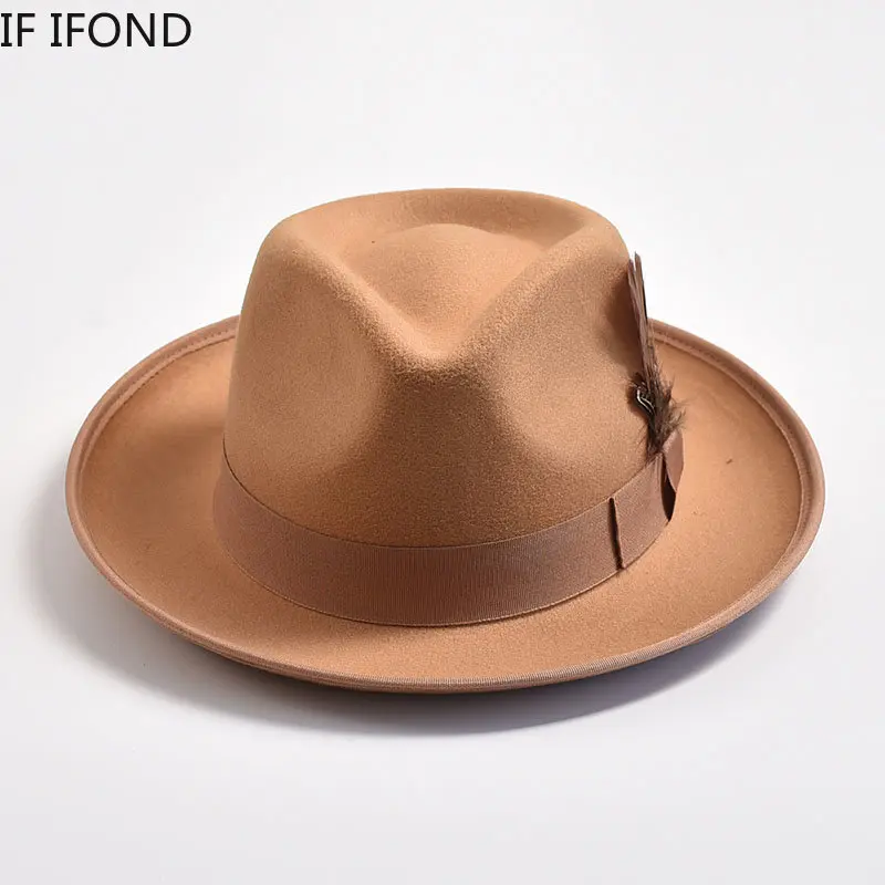 Cappello Fedora in feltro con piume fatte a mano cappelli Vintage da uomo Panama Trilby berretto da sera con tesa curva da gentiluomo