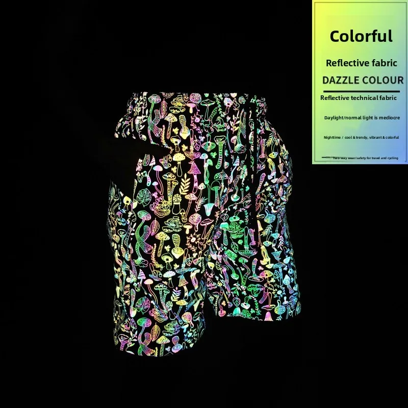 Светоотражающие шорты с цветным грибным принтом, 5-дюймовые уличные шорты для бега, спортивные велосипедные дышащие быстросохнущие спортивная одежда, мужская