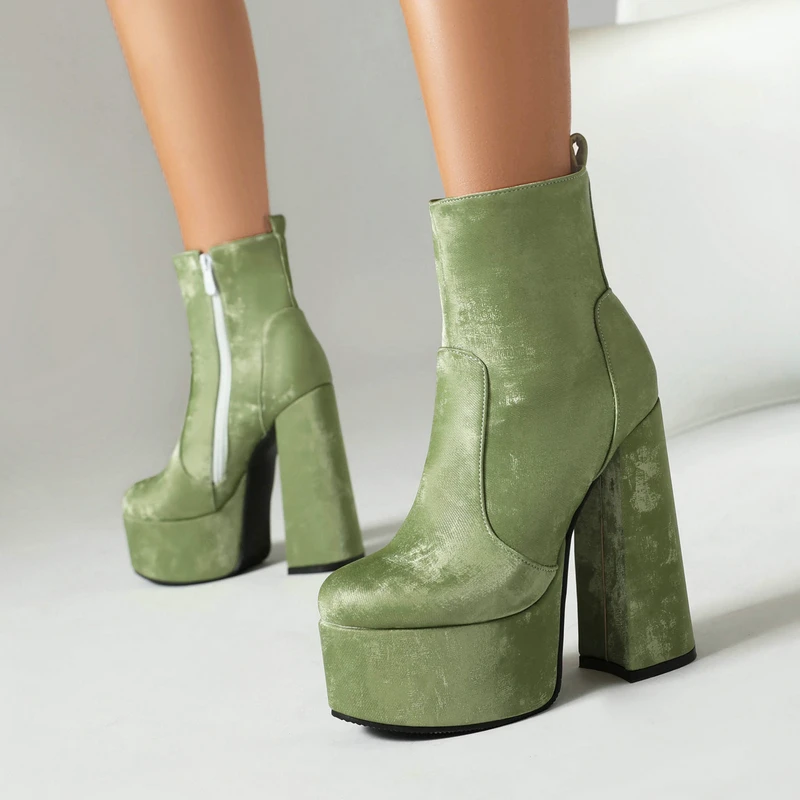 

Silk Feel Green Luxury Women's Shoes Round Toe Block High Heels Nude Color Platform Designer Ankle Winter Chic Motorcycle Boots