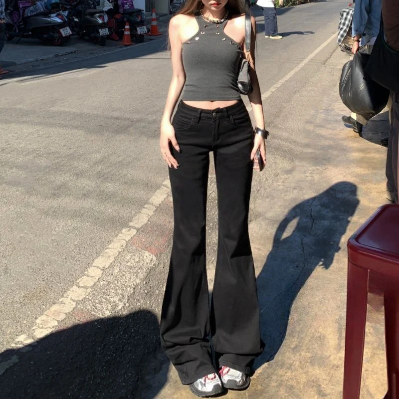 Girls Classic White Flared Jeans Women Korean Solid Low Waist Denim Trousers Female Comfortable Straight Leg Pants