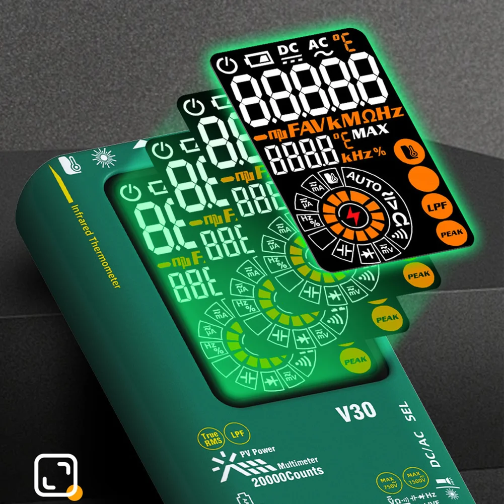 

Цифровой мультиметр V30 с инфракрасным термометром, 20000 измерений, автоматический режим и мягкий силиконовый корпус для использования на улице