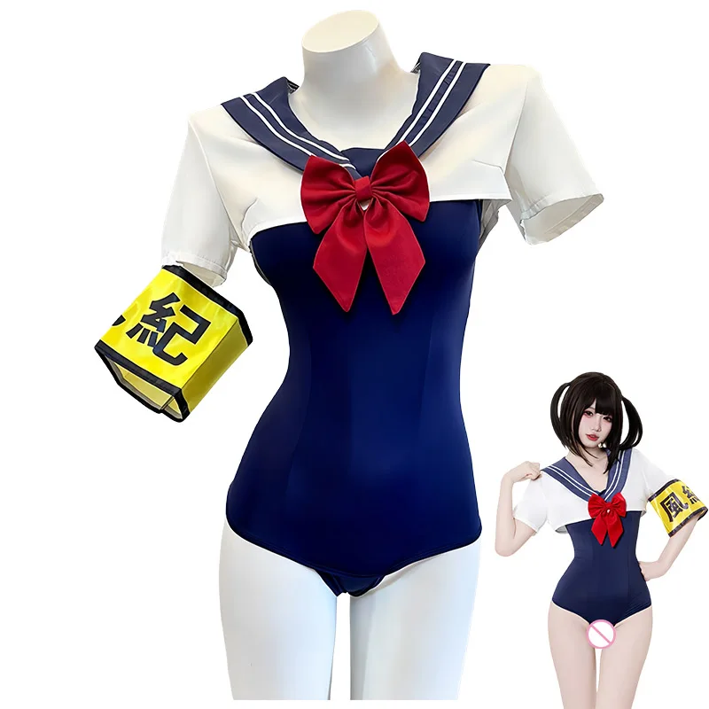 

Anime Japanese COSPLAY Set Sexy Bow Armband Top One-piece Set Blue Swimsuit Retro School Uniform Halloween Carnival Dress Up New