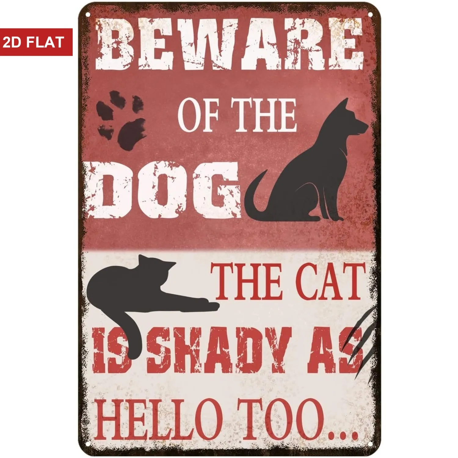 Vintage 'Beware Of The Dog & Shady Cat' Humor Metal Sign Retro Pet Lover Decor