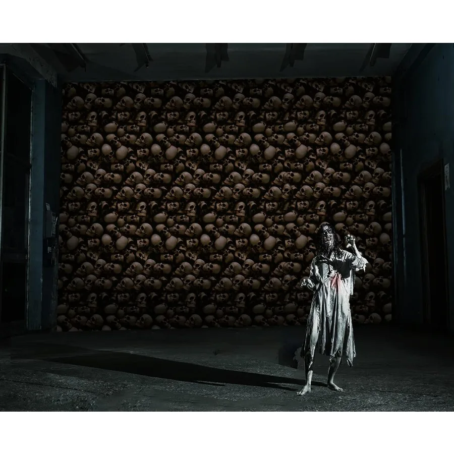 Toalha de mesa retangular de Halloween, 3 peças, tema de esqueleto de cemitério, 54x108 polegadas, superfície lisa à prova d'água, catacombas, sinal de caveira bac