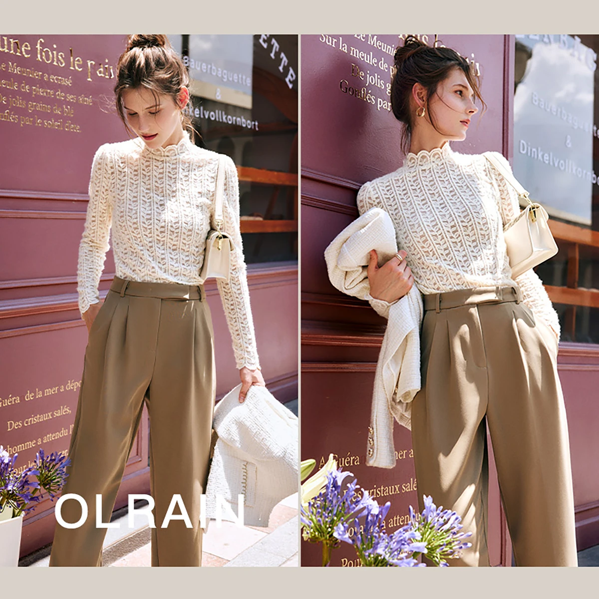 OLrain Hollow Out Women Blouses 2025 Spring Long Sleeve Stand Neck Chic Lace Top Solid Elegant Pullovers Tops Lady O22QX63233