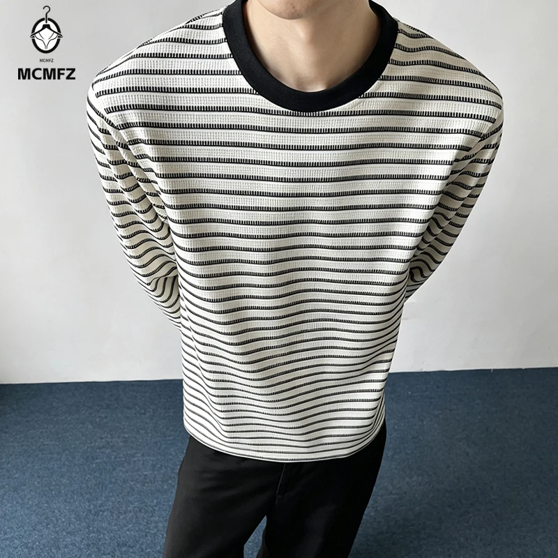 Mens Horizontal Striped Waffle Knit Long Sleeve Shirt Crew Neck Soft Stretch Fabric Street Daily Top For Men