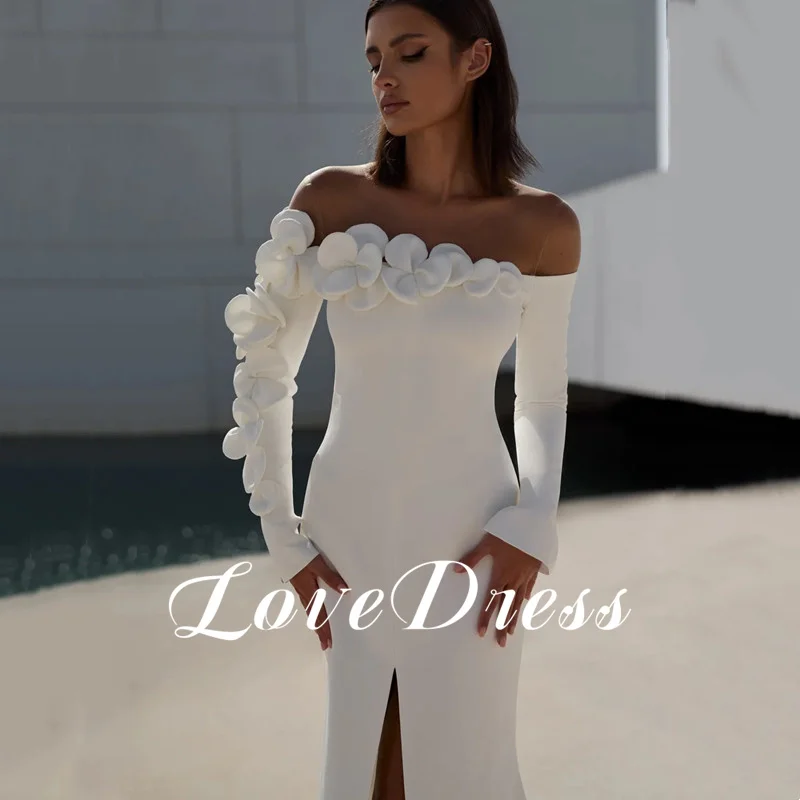 Amour élégant épaules dénudées blanc Meimaid plis fleurs robe de mariée Simple manches longues longueur de plancher Sexy dos nu personnalisé
