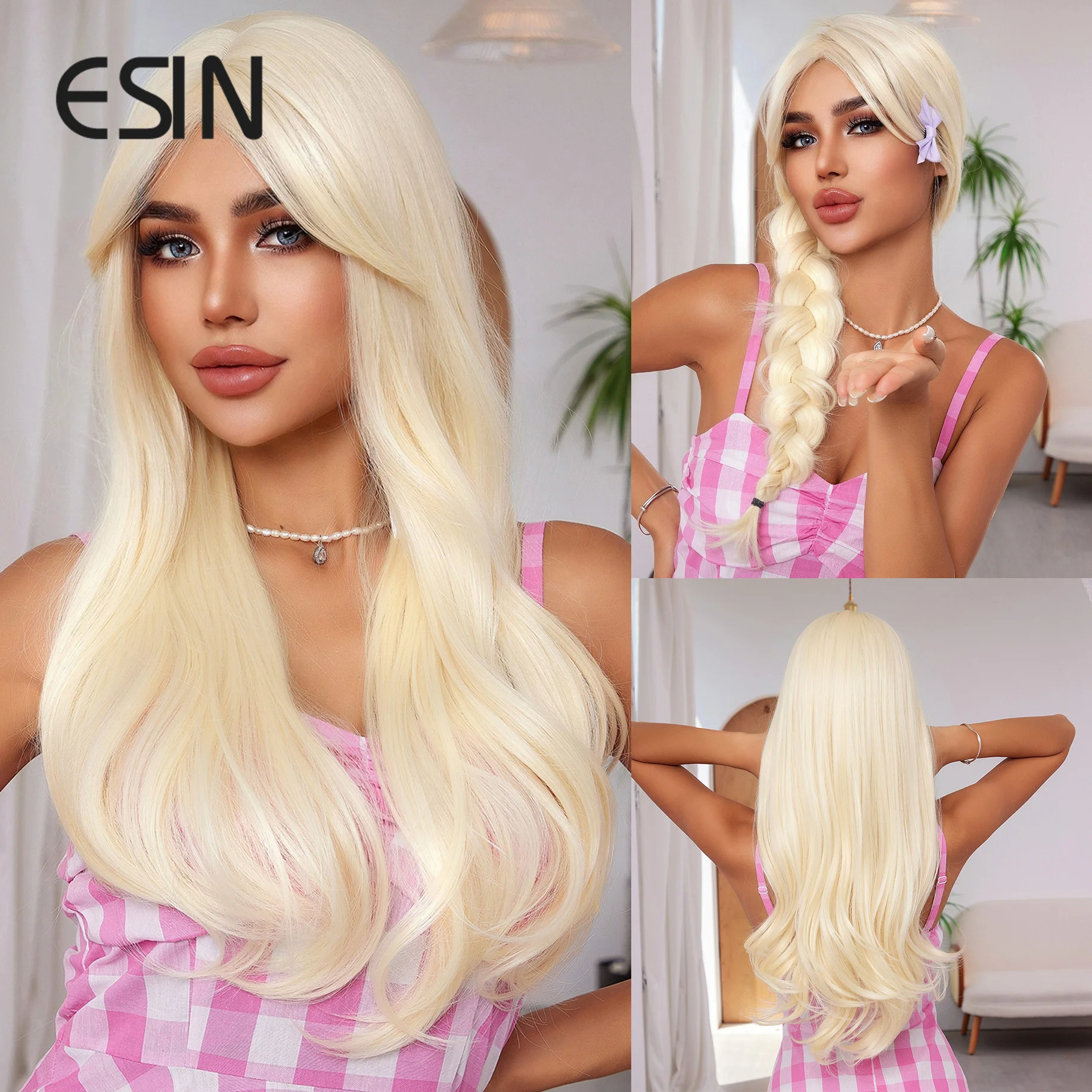 ESIN Barbie Style Synthetic Long White Blonde Water Wave Wigs with Bang for Women Cosplay Party Natural Daily Wig Heat Resistant