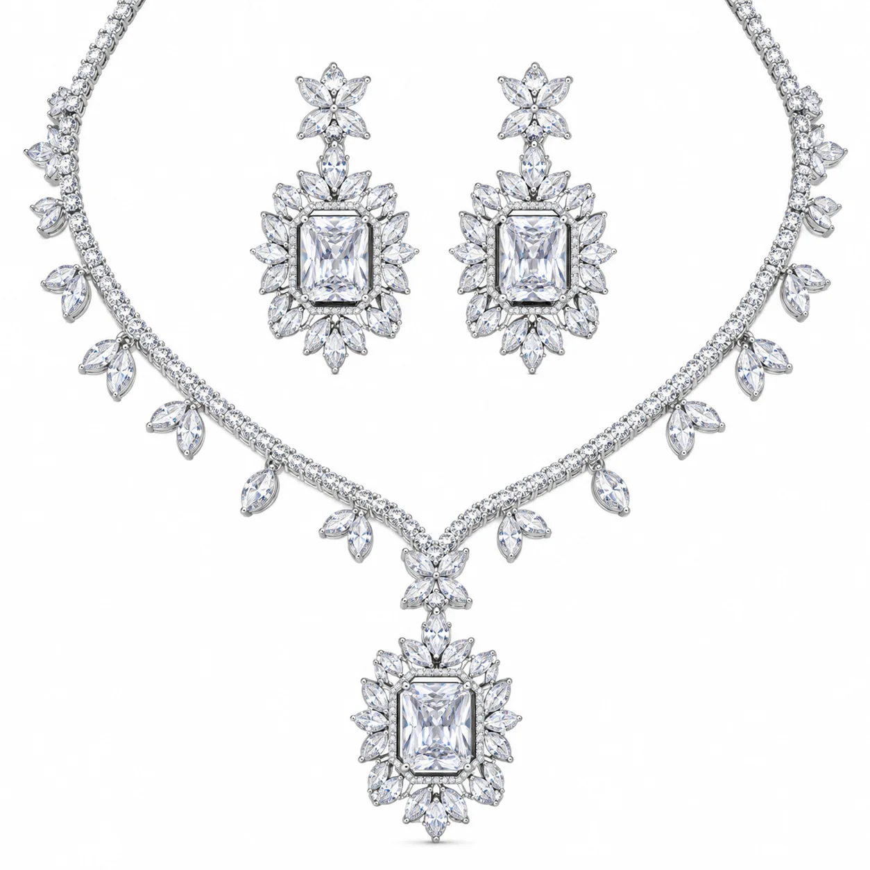 Luxury V-Shape Leaf Crown Rectangle Zircon Necklace Earrings Set, Silver Marquise Leaf Halo Square CZ Pendant Bridal Wedding Din