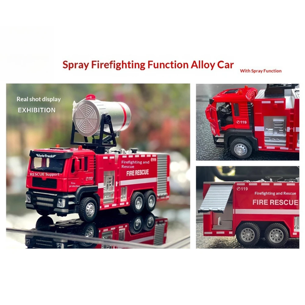 Coche modelo de motor de bomberos de aleación 1:50 50001P, vehículo de juguete de agua pulverizada con luz de sonido de simulación para niños