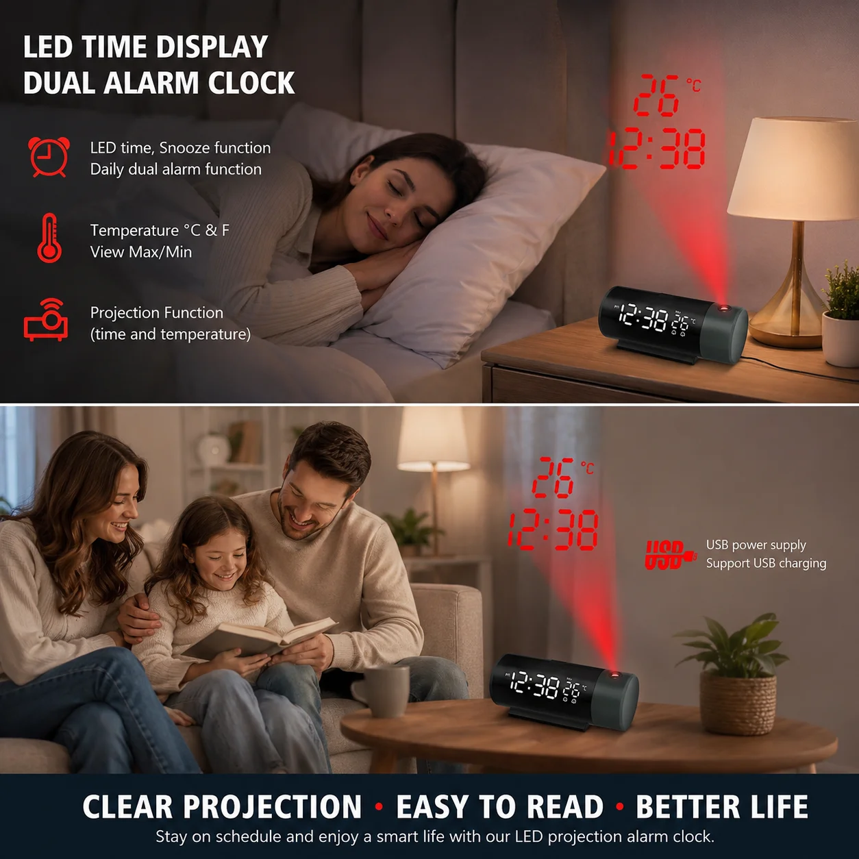 Digital Projection Alarm Clock LED Display 180° Rotatable Dual Alarms Temperature Humidity Monitor for Bedroom Ceiling Home Desk