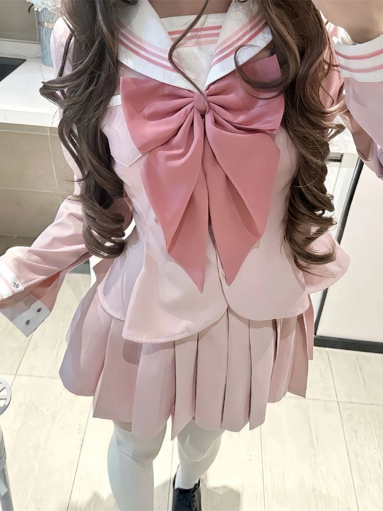 Primavera japonês estilo universitário doce chique outfit feminino gola marinha arco topos + saia curta plissada nova moda kawaii 2 peças terno