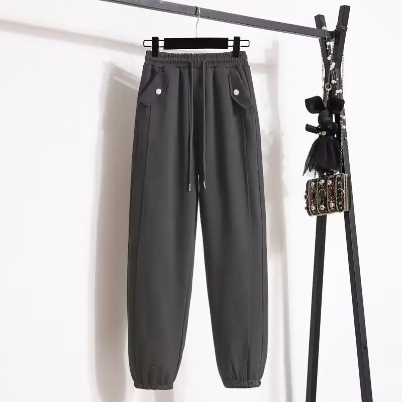 Calça de harém solta elástica na cintura feminina, roupa de senhora, laço de bolso, simplicidade, estilo jovem, streetwear casual