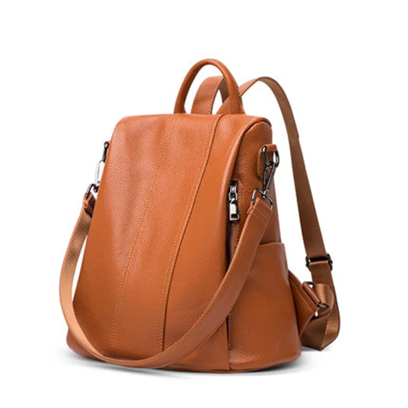 

New Street Trend Luggage Goods Solid Color Genuine Leather Sewn Women's Shoulder Bag Soft Large Capacity Cowhide Casual Backpack