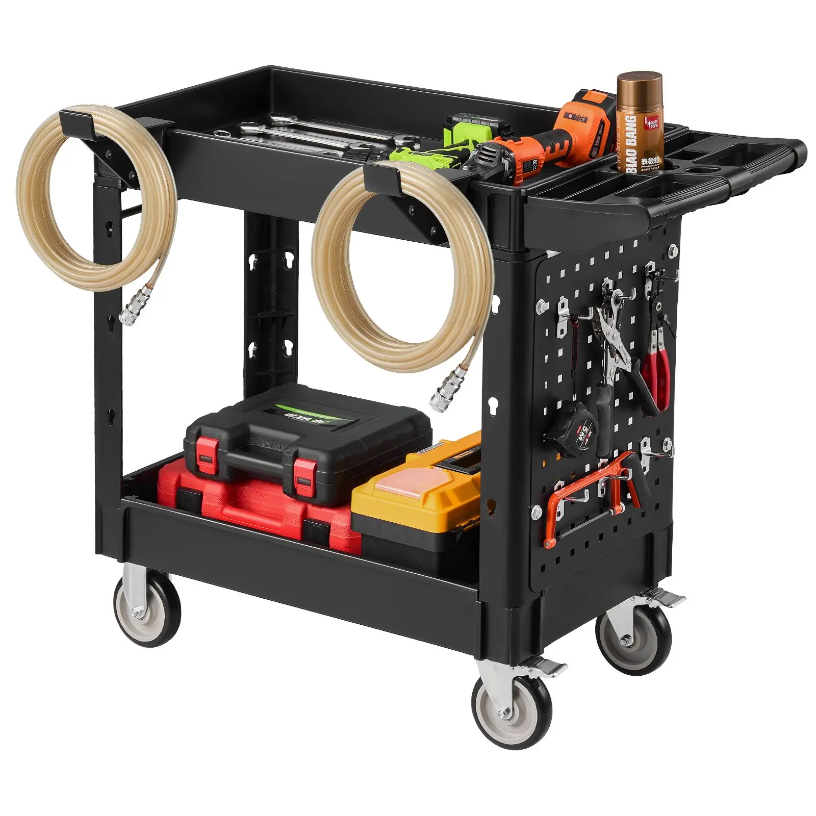Utility Cart, 550 lbs Capacity, 2 Tier Service Cart with 360° Swivel & Fixed Wheels (2 with Brakes), Heavy Duty Plastic Rolling