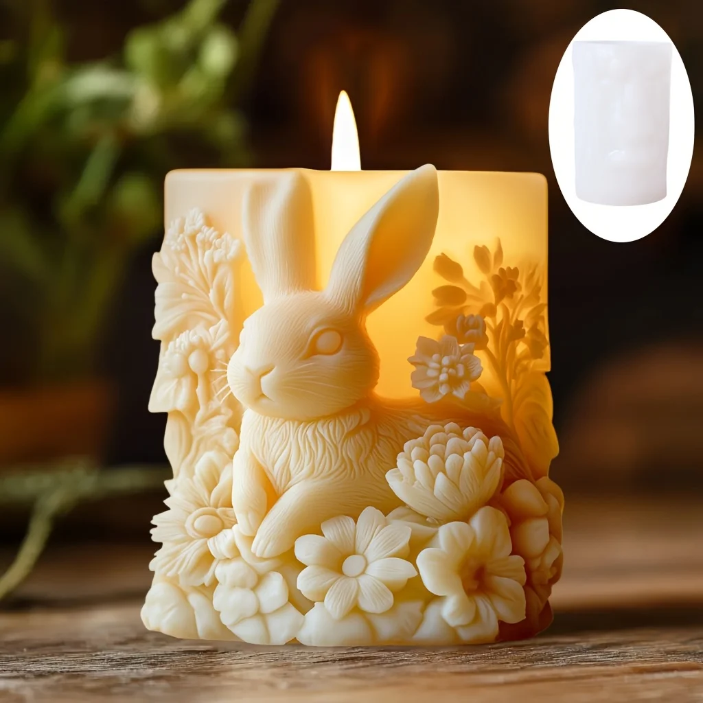 Niedliche Kaninchen-Blumen-Düfte, Kerze, Silikonform, Blumen umgeben von niedlichen Hasen, Relief-Harz-Gipsformen, Ostergeschenk