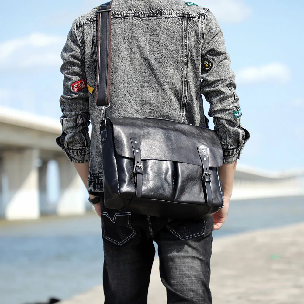 Echtleder Herren-Aktentasche 15 Zoll Laptop-Tasche Einfache Rindsleder-Umhängetasche Pflanzlich gegerbtes Leder Modischer Casual-Stil – Detail 2