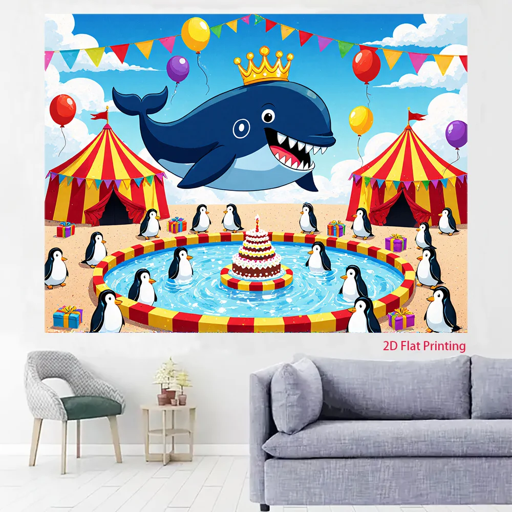 Cute Whale Circus Tapestry, Penguin Birthday Party Wall Hanging, Colorful Cartoon Animal Decor for Kids Room Nursery Playroom