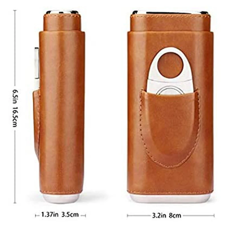 3X High Quality 3-Finger Humidors Portable Cigar Box Brown Cigar Leather Case With Cigar Cutter