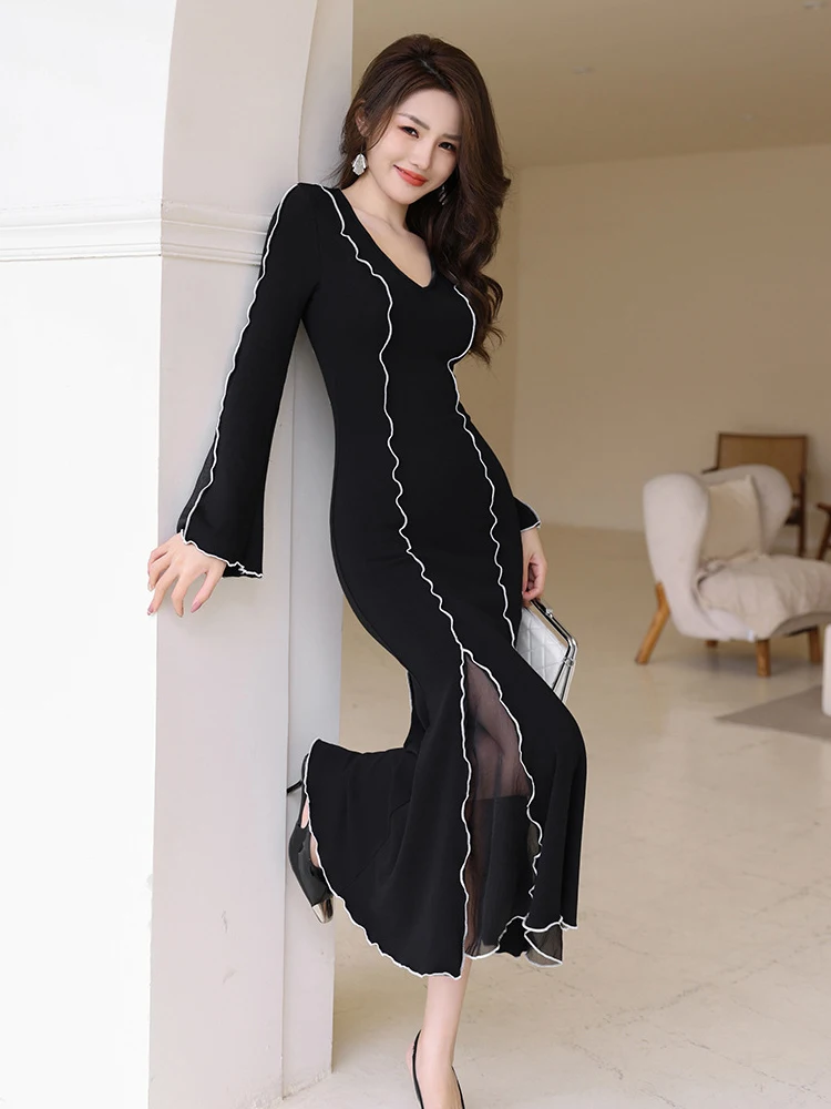 High Quality Spring Autumn Women Evening Dress Mujer Knitted Black Sexy V-Neck Skinny Midi Party Club Prom Robe Stretchy Vestido