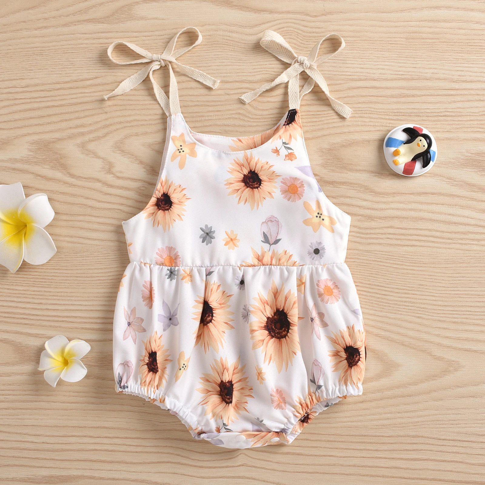 Spring Summer Unisex Baby White Printed Gold Sunflower Triangle Camisole Hoodie