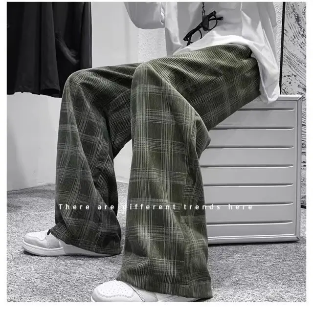 Men Checkered Casual Pants Loose Straight Corduroy Pants Sweatpants Man Fashion Streetwear Spring New Hip Hop Trousers Y2k Kpop