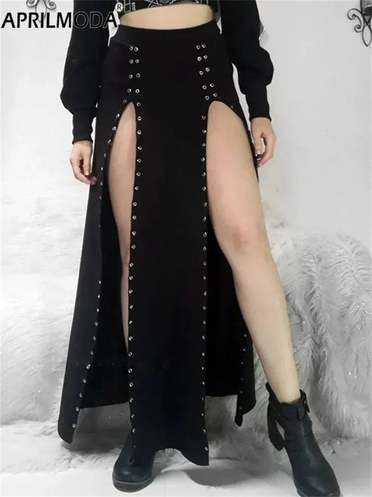 High Split Eeylet Steampunk Party Skirts 2024 Y2K Black Gothic Midi Long Women's Skirt Aesthetic Punk Rock Harajuku Skater 2000s