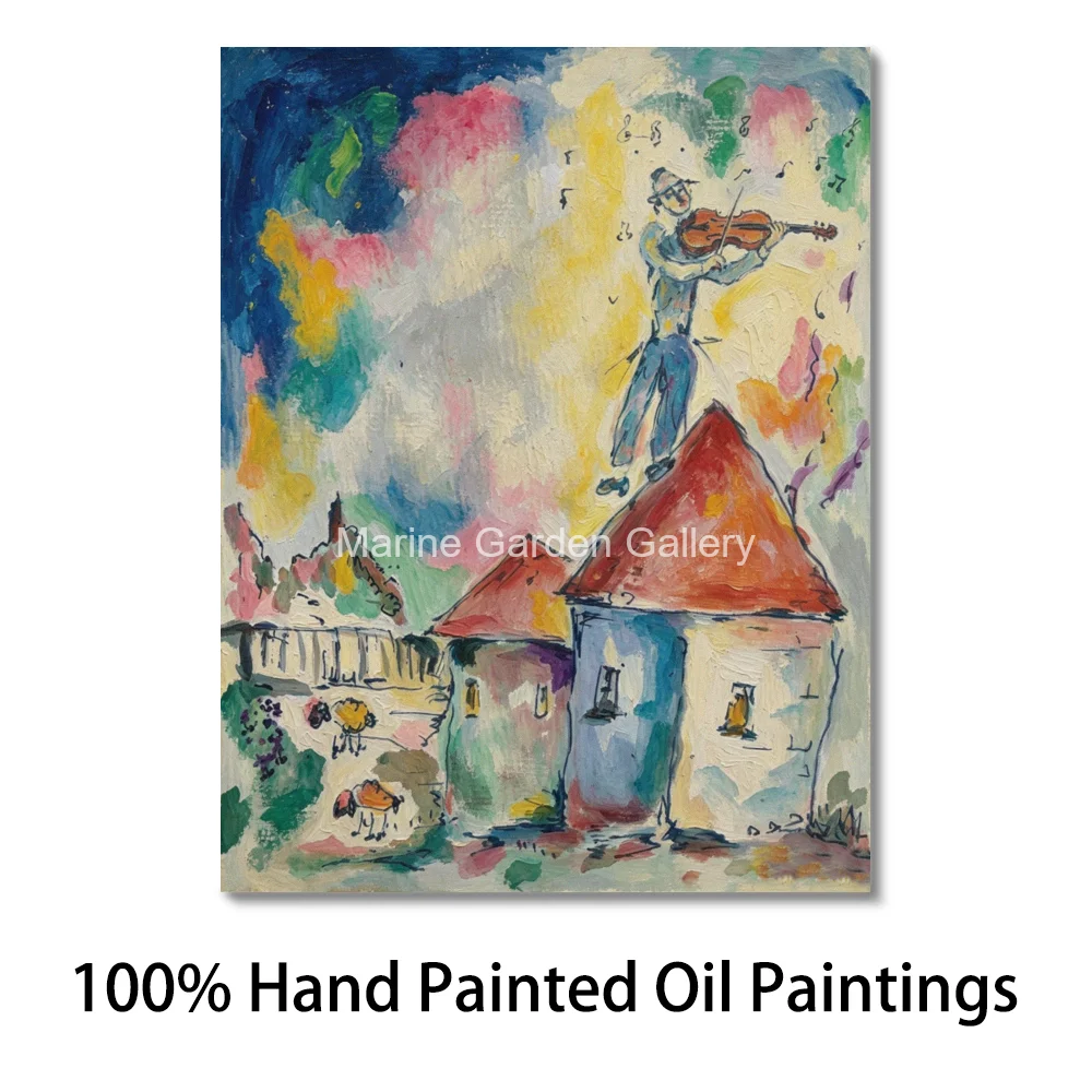 Hand Painted Jewish Village Oil Painting Fiddler on the Roof Textured Judaica Canvas Art Abstract Wall Decor for Study Room Gift