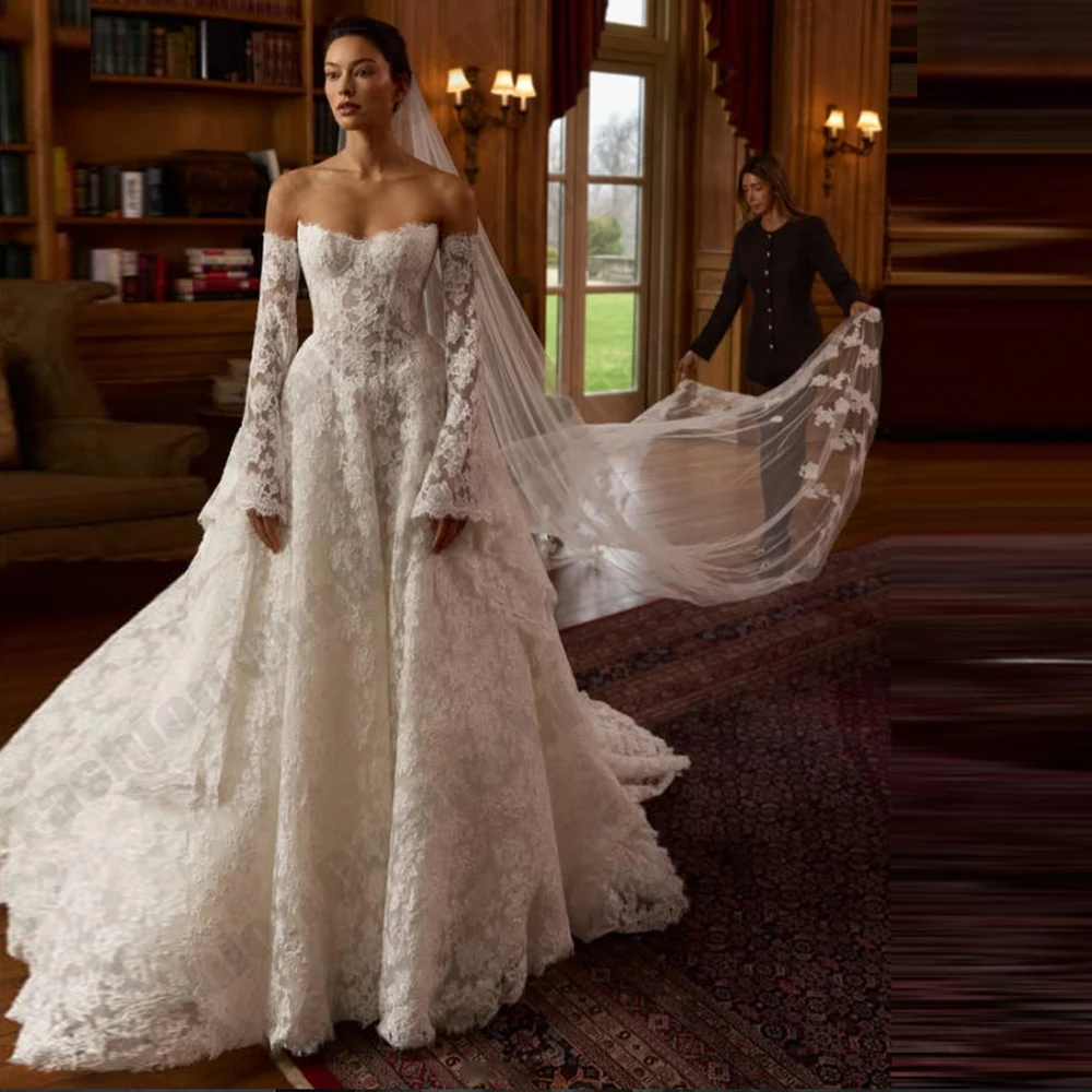 Luxury Women A-line Bridal Gown Lace Removable Sleeves Princess Ball Wedding Dress Formal Beach Welcome Guest Dresses Customized