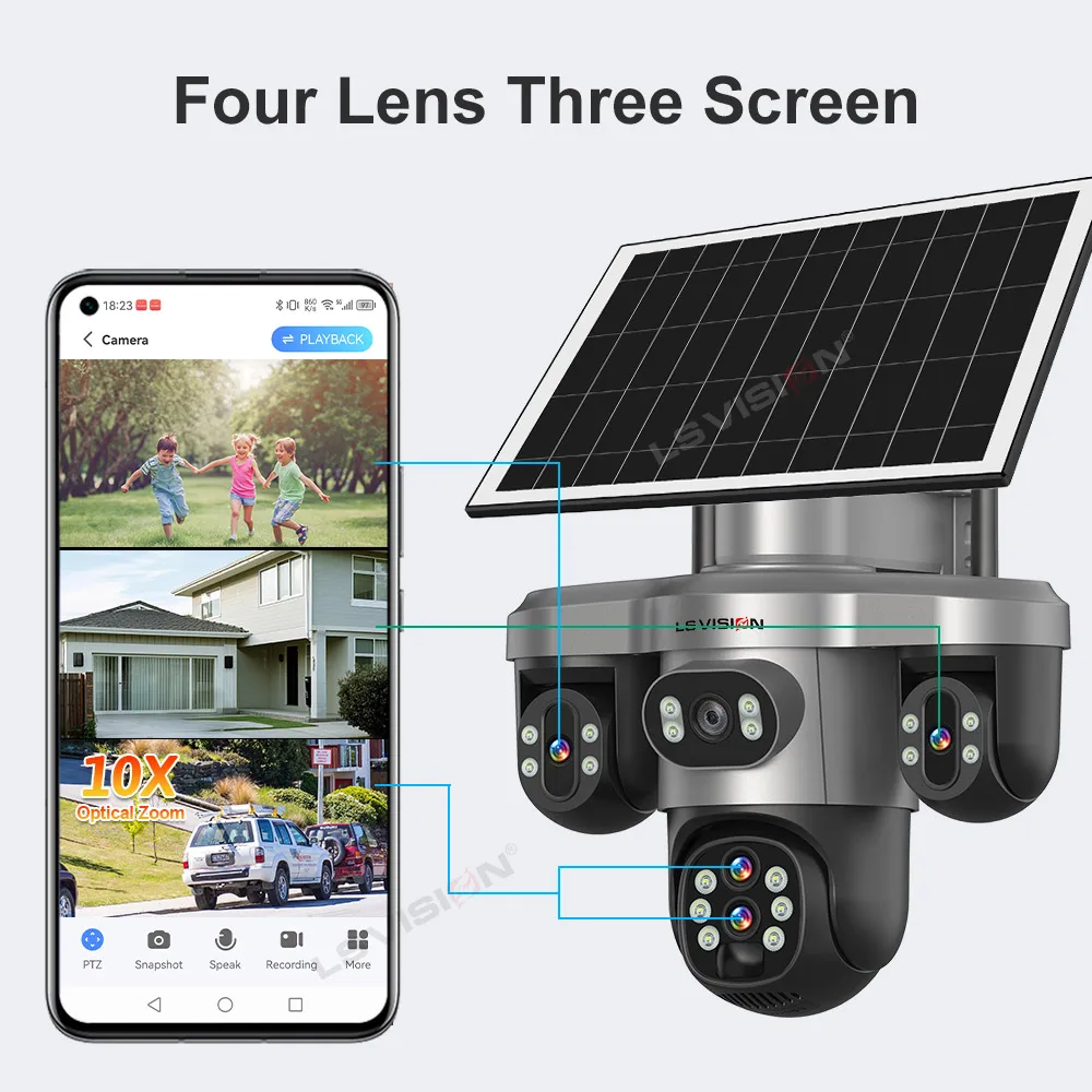 LS VISION Solar Camera Wifi Outdoor With10X Optical Zoom Three Screens 4G SIM Cctv Home Security Solar Energy Cam Ai PTZ V380 - Image 3