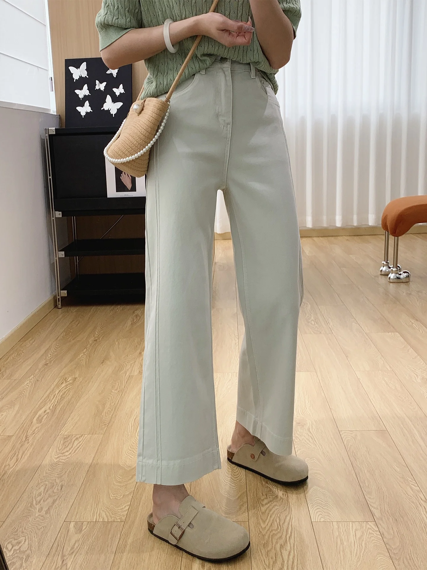 

High Waist Wide Leg Jeans Women's Loose Straight Cut Denim Spring Season Four Way Stretch Grandmother Pants Cotton Material