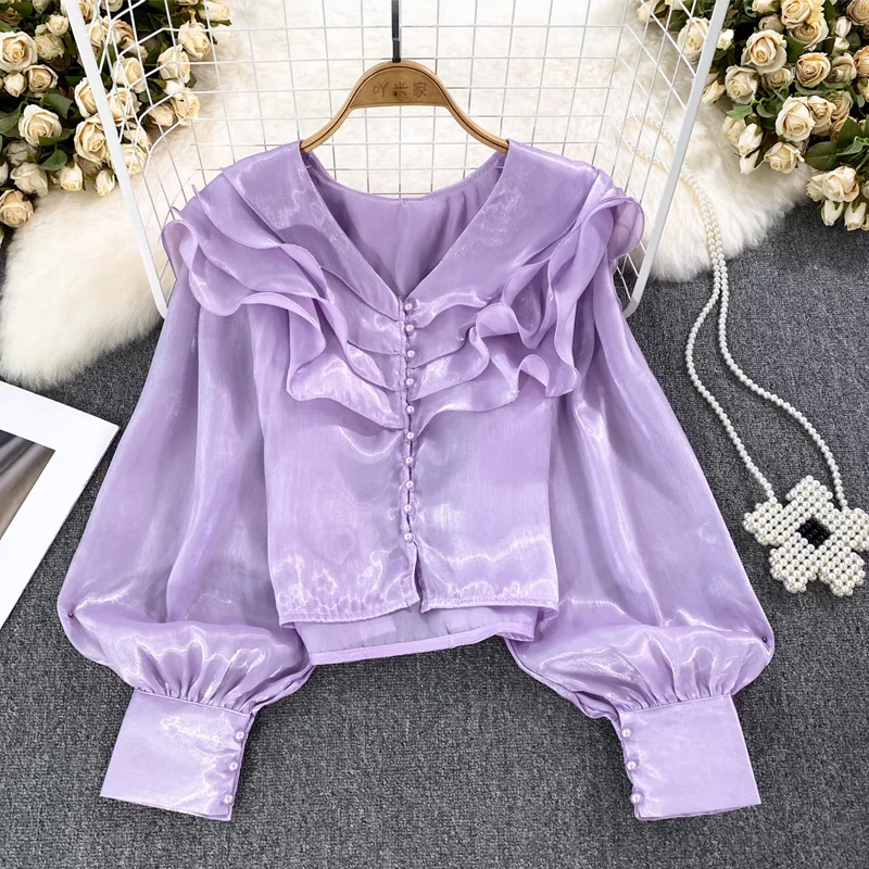 

French gentle ruffled V-neck shirt for women 2023 autumn new super fairy lantern sleeve pearlescent texture chiffon shirt