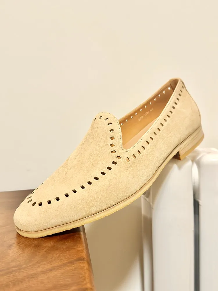 Summer Fashion Office Work Mens New Real Suede Leather Hollowed-Out Breathable Slip On Casual Low Top Shoes Male Casual Loafers