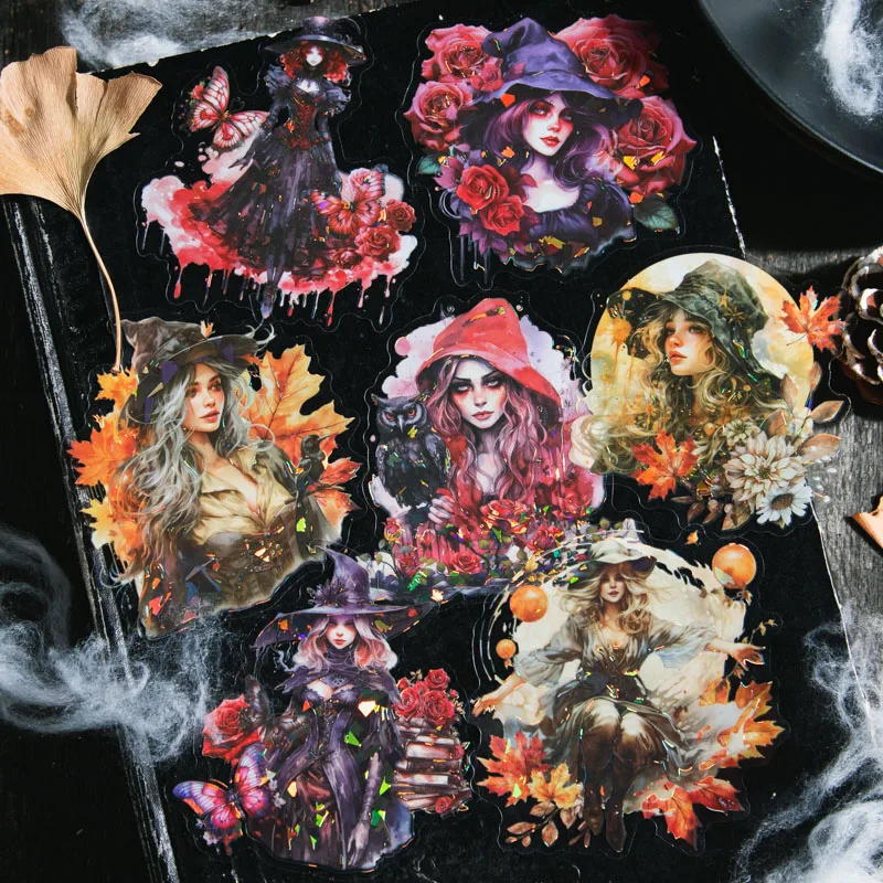 JIANQI 5 pcs Flash laser Magic Witch Stickers pack Adhesive Diy Diary Album Scrapbooking material junk journal supplies