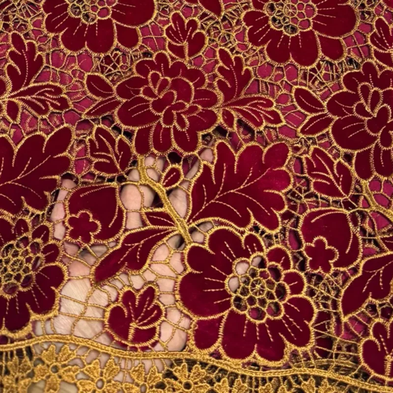 

Elegant Cord Lace Fabric With Gold Hollow Floral Velvet Applique And Sequin Embroidery For Wedding Gown Dress Party Sewing