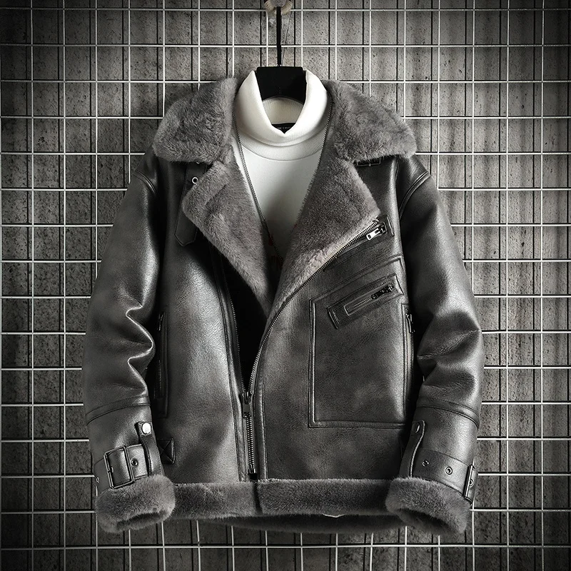 

High-End Men's Faux Leather Fur Lined Thiened Winter Jaet Warm Cotton Coat Retro Motorcycle Sle Zipper Closure Casual Wear