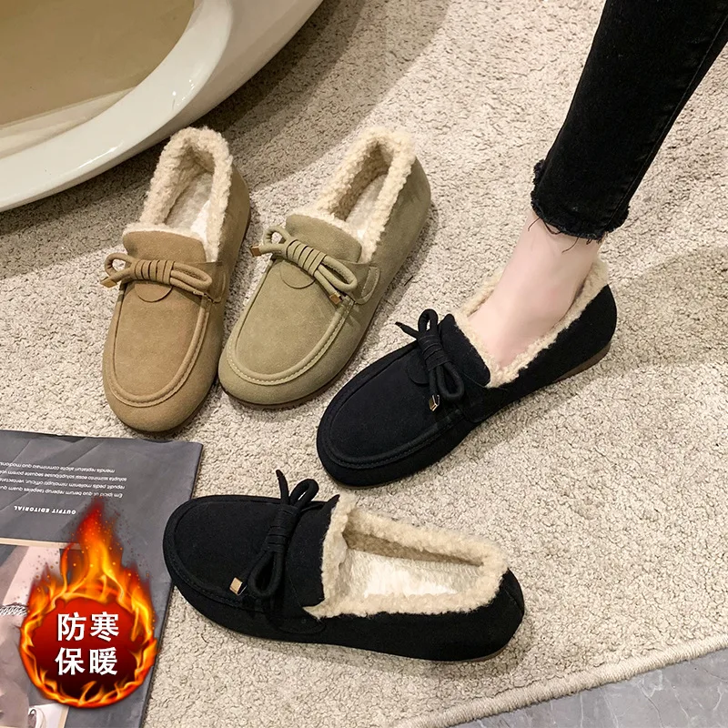 Black Leather Loafers Shoes Woman Boots Winter Flat Fashion Keep Warm One-step Faux Fur Casual Shoes Women Walking Flats Shoes