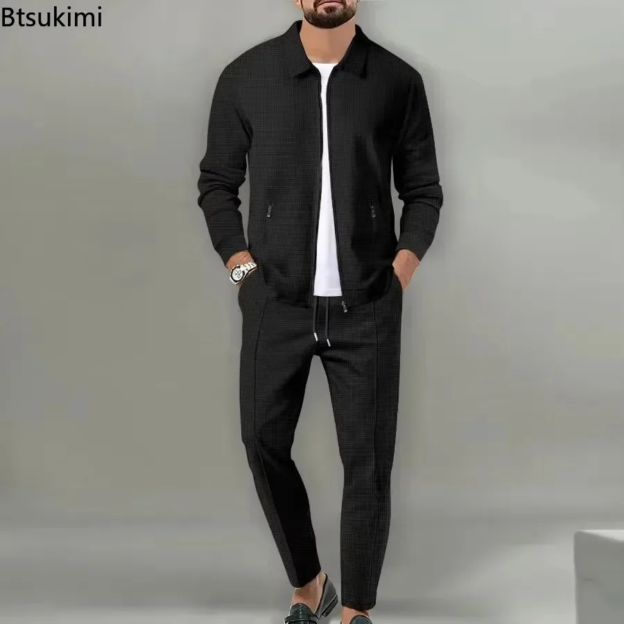 2026 Men's Casual Waffle Two Piece Pants Sets Loose Lapel Zip-up Coats and Pants Sets for Mens Clothing Autumn Fashion Sets Male