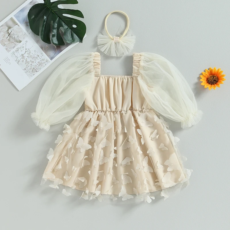 2023-06-24 Lioraitiin 0-5Years Toddler Girls Fall Outfits Butterfly Princess Dress Long Sleeves A-Line Dress Headband 2Pcs Set