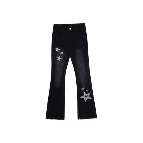 Punk Black Slight Flare Long Baggy Jeans Women Spring New Design Star Diamonds Stamping Rip Goth Slim Mopping Denim Pants Capris