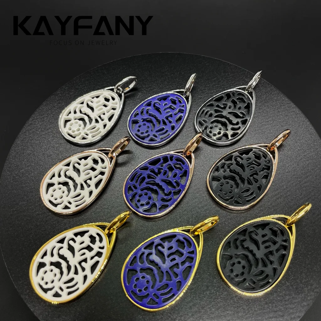 Classic  Jet Fossil Material Drop Shape Victorian Pendant Hand Carved Hollow Flower Pattern Gold Plated Fashion Jewelry